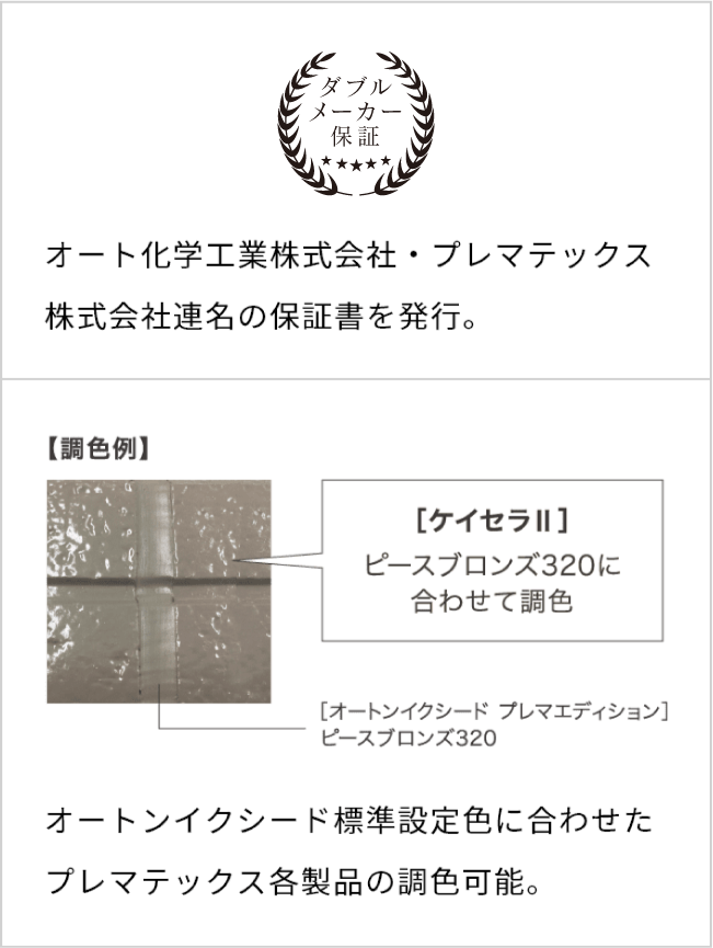 オート化学工業株式会社・プレマテックス株式会社連名の保証書を発行。オートンイクシード標準設定色に合わせた プレマテックス各製品の調色可能。